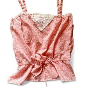 Vintage 70s Tank Top Pink Calico Floral Cottage CrossStitch Detail Cinch Waist S